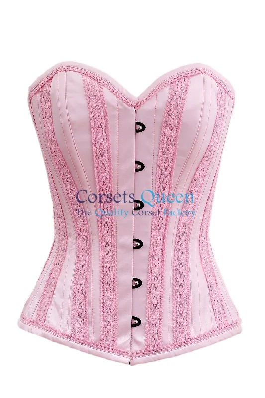 Achtel Baby Pink Satin Overbust Corset With Lace Trims