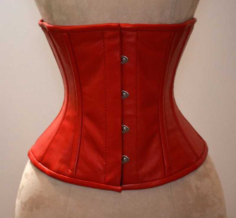 Hand dyed lambskin waist steel-boned authentic corset of red color. Bespoke corset for tight lacing and waist training, steampunk, gothic