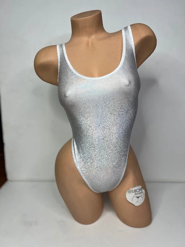 Holographic White with White Trim Color 1 Piece Bodysuit Size SMALL