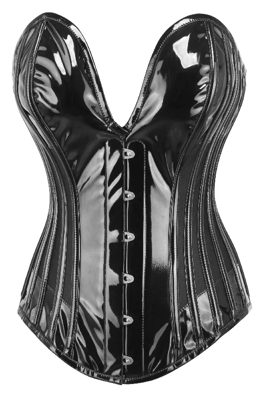 Janay Black PVC Overbust Corset With Plunge Neckline & Side Mesh Panels