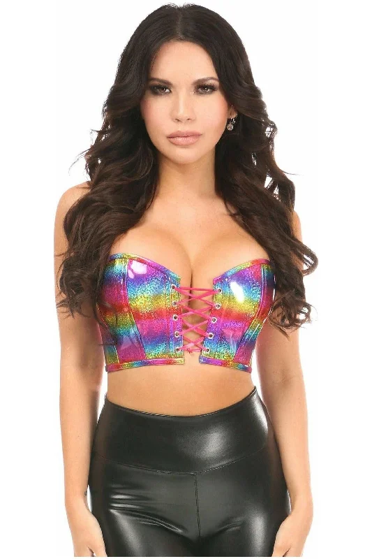 Lavish Rainbow PVC Glitter Lace-Up Short Bustier Top