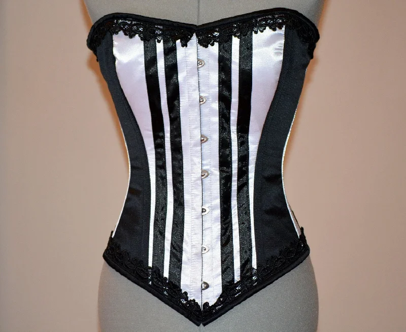 Long black and white satin corset with black lace trim. Gothic, historical, steampunk, prom, gift corset, couture, steel-boned, Victorian