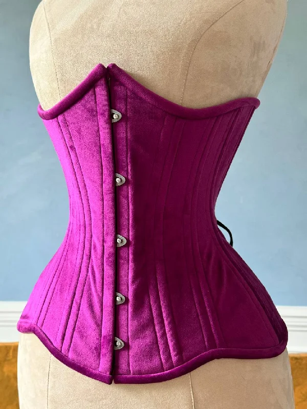 Real double row steel boned underbust bright violet velvet corset of short design with wide hips