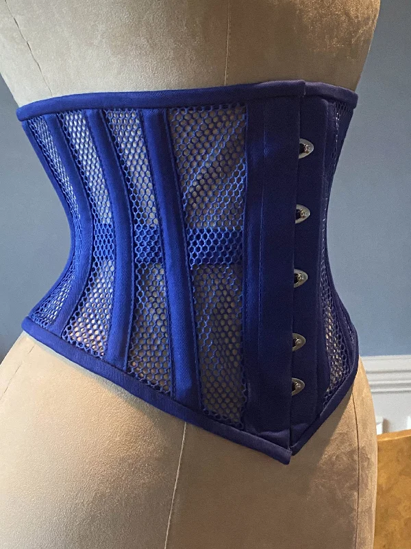 Real steel boned underbust corset from blue transparent mesh and cotton. Real waist training corset for tight lacing.