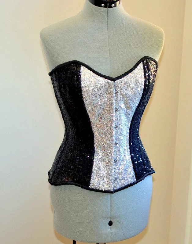 Shiny sequins overbust authentic corset with long hip-line. Steel-boned for tight lacing. Prom, shiny burlesque, cosplay, couture corset