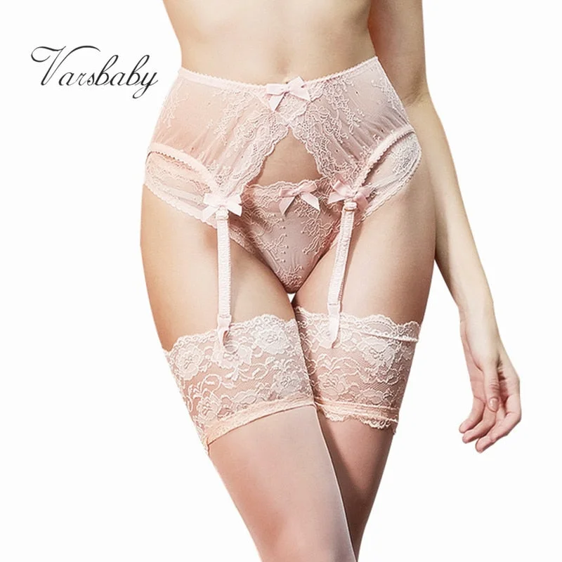 Varsbaby sexy see-through floral lace underwear 3pcs garters+panties+stockings S M L XL for ladies