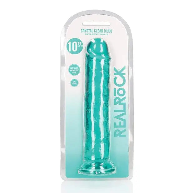 RealRock Crystal Clear Straight 10 in. Dildo Without Balls Turquoise