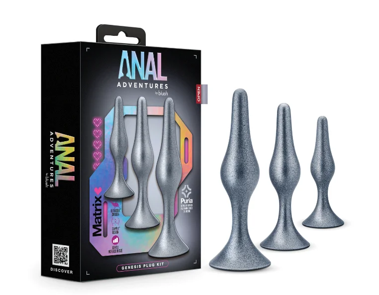 Anal Adventures Matrix By Blush® | The Genesis Plug Kit: 3 Progressing Smooth Tapered Butt Plug Kit in Stellar Silver | With Stayput™ Technology & AnchorTech™ Base