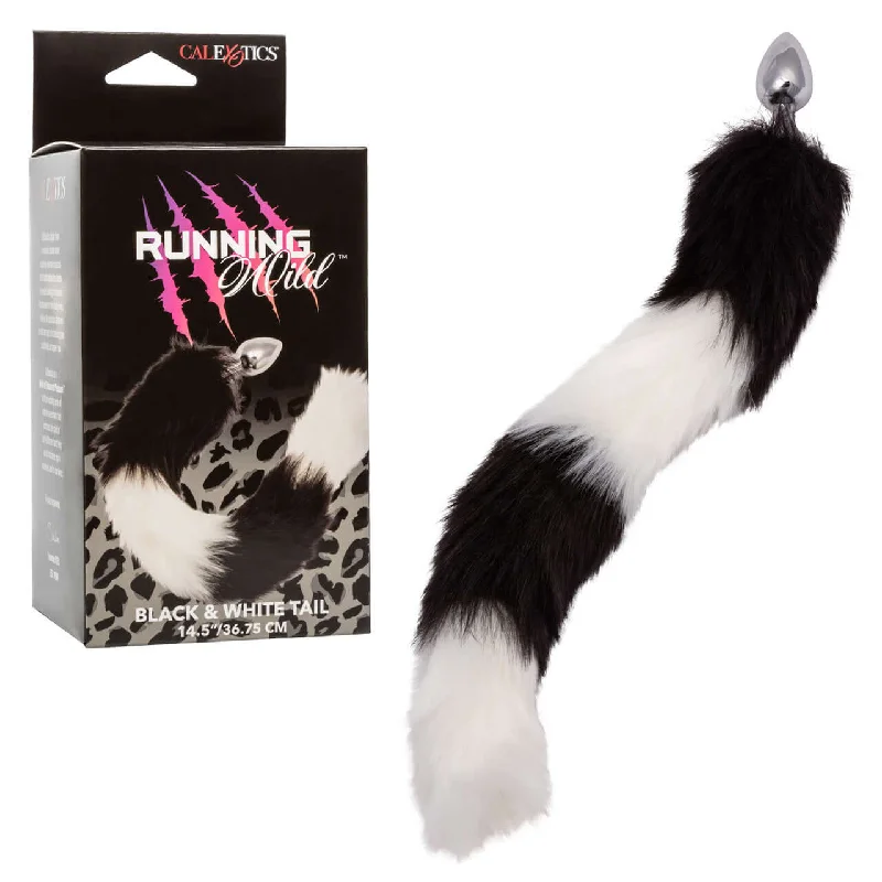 Running Wild Black and White Tail Butt Plug - Exotic Metallic Probe with Luxurious Fur Tail