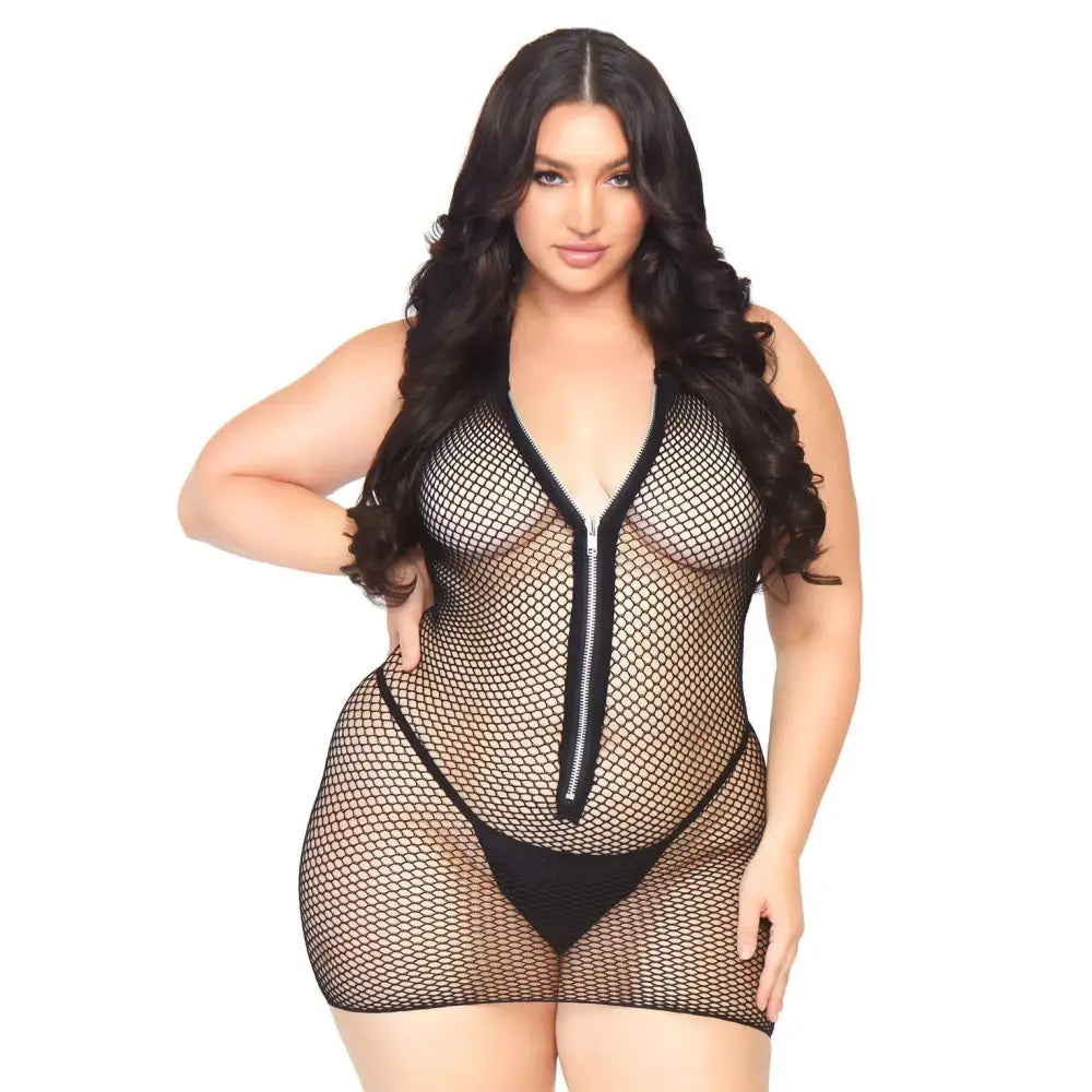 Black Open Back Fishnet Zip Up Halter Plus Size Mini Dress Uk 18 to 22