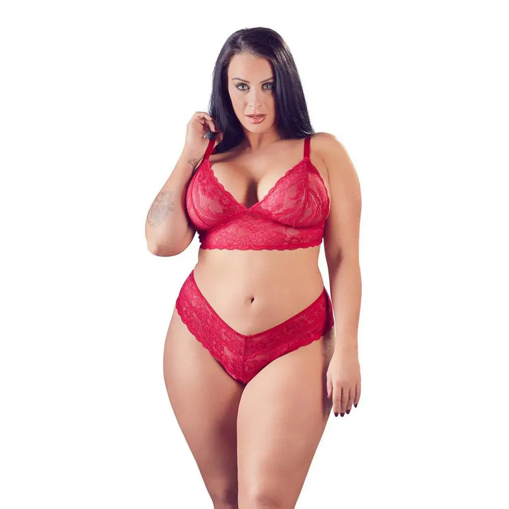 Cottelli Sexy Wet Look Red Plus Size Lace Bra and Briefs for Her