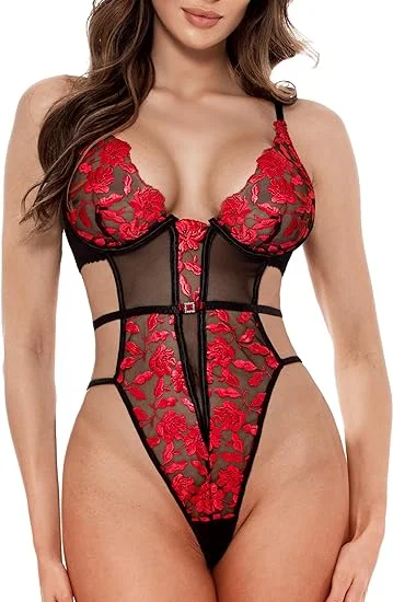 LOVE YOU SEXY Women Lace Teddy Lingerie Floral Embroidery Lace Underwired Bra Bodysuit Lingerie