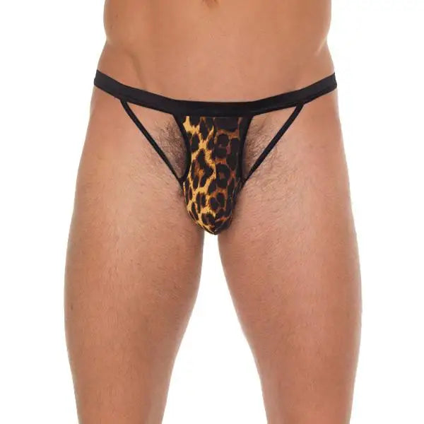 Mens Black G-string with Strappy Animal Print Pouch