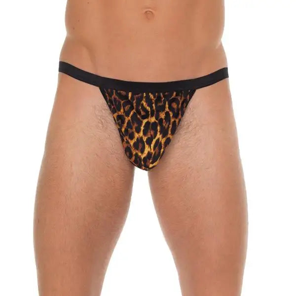 Mens Black one Size G-string with Leopard Print Pouch