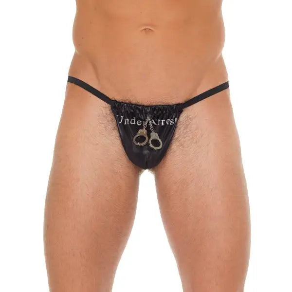 Mens Black Wet Look G-string with Handcuff Pouch