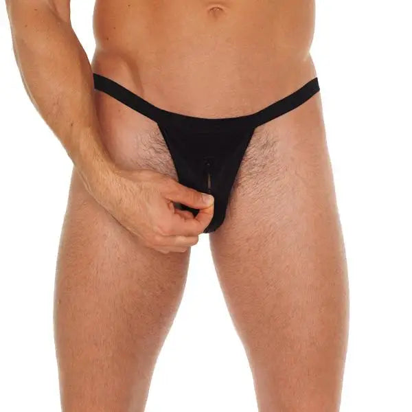 Mens Sexy Black Pouch G-string with Zipper