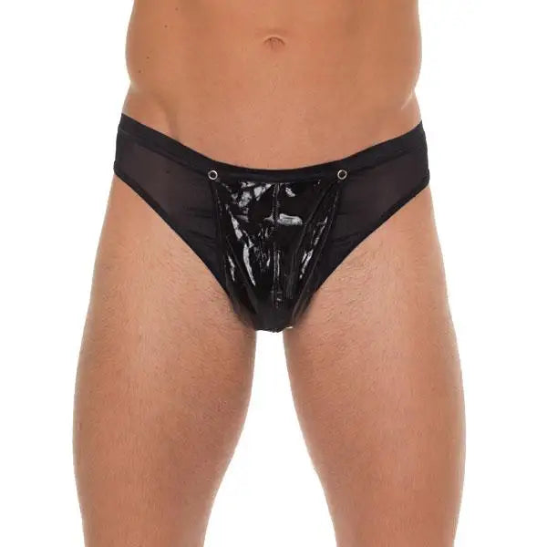 Mens Wet Look Black G-string with Pvc Pouch