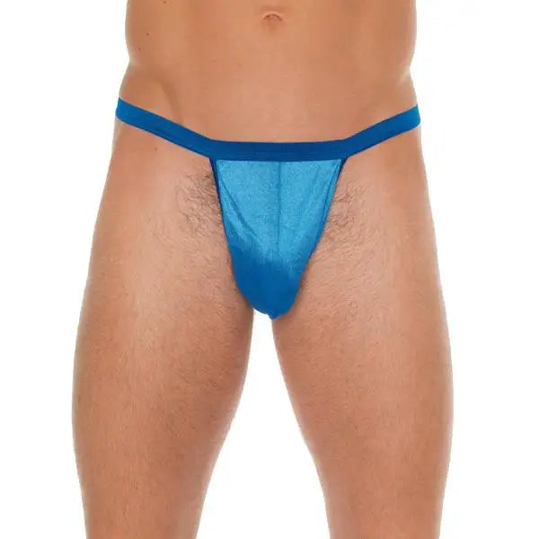 Mens Wet Look Blue G-string with Pouch