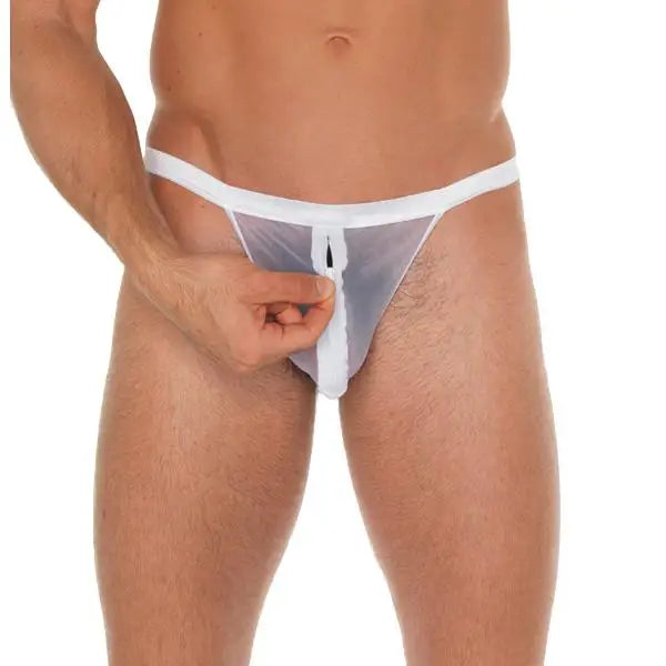 Mens White Mesh Zip Up Pouch with G-string